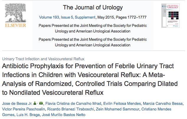 Revisão das diretrizes da UK NICE de 2007 e AAP de 2011 Meta-análise trials controlados, em crianças com RVU, comparando profilaxia vs não profilaxia ou placebo, 2 grupos RVU grau 1 e