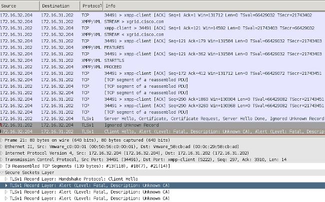 Para uma sessão de SSL usada para proteger a troca elástico do protocolo da Mensagem e da presença (XMPP) (usada pelo pxgrid), a falha