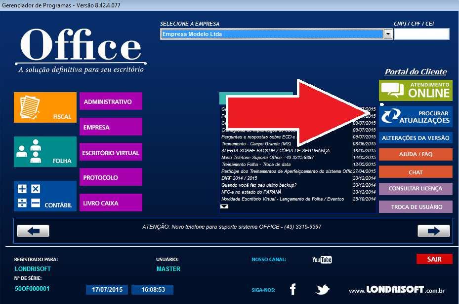 Configurações para ECF Atualização do sistema Office Antes de iniciar as configurações e gerar o arquivo é obrigatória a atualização do sistema Office para ultima versão disponível em nosso site.