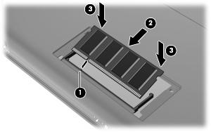 CUIDADO: Para impedir a ocorrência de danos no módulo de memória, segure-o apenas pelas extremidades. Não toque nos componentes nem dobre o módulo de memória. a. Alinhe a extremidade dentada (1) do módulo de memória com a aba da ranhura do módulo de memória.