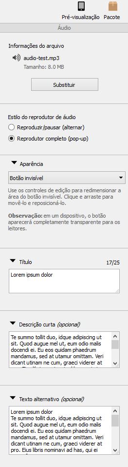 Figura 31: Opções de edição no painel de propriedades Observação: para qualquer plug-in diferente do botão Reproduzir/Pausar áudio, esse texto será exibido no pop-up do plug-in quando ele for