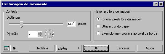 1. Selecione o bitmap. 2. Clique em Bitmaps, Desfocar, Movimento. 3. Mova o controle Distância para definir a intensidade para o efeito desfocagem. 4.