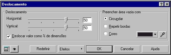 1. Selecione o bitmap. 2. Clique em Bitmaps, Efeitos 2D, Deslocamento. 3. Mova os controles Horizontal e Vertical para controlar a quantidade do bitmap deslocada no plano horizontal e vertical.