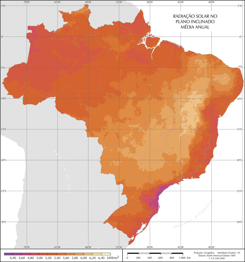 Características da FV no Brasil Excelente recurso solar: entre 1550 e 2350 (kwh/(m 2.ano)). Bem distribuído ao redor do país.