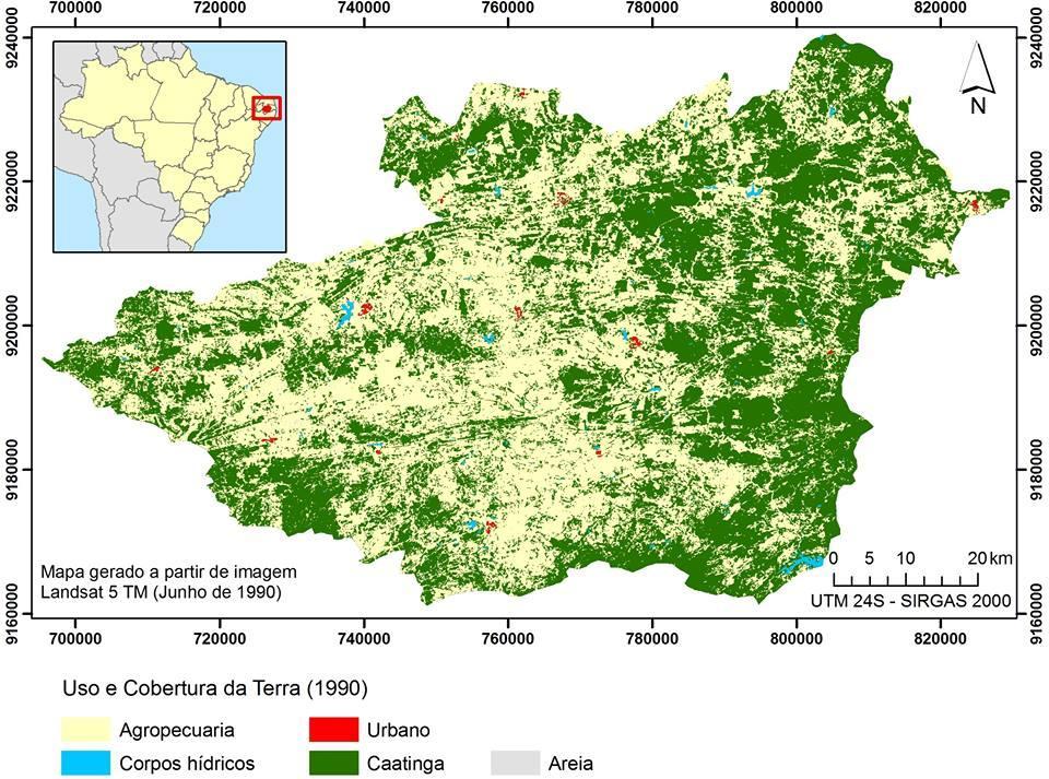 apresentando uma superfície de 26,77% da área mapeada. Entre os anos de 1990 e 2009 a agropecuária teve um acréscimo de 41,43%, enquanto a Caatinga decresceu 44,72% (tabela 1).