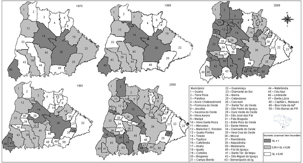 localização mais fraca do Quociente Locacional, enquanto os demais municípios apresentam crescimento contínuo no padrão de localização do setor secundário ao passar dos anos.