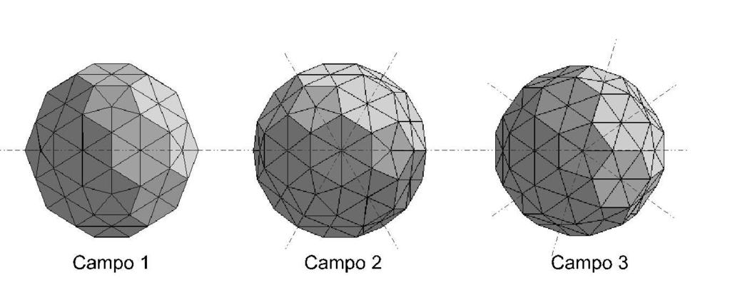 FIGURA 4.5 Campos de simetria do icosaedro truncado.(1) Com relação aos hemisférios. (2) Com relação às faces hexagonais. (3) Com relação às faces pentagonais. B T B = 3 2π I 1 4π 1. (4.