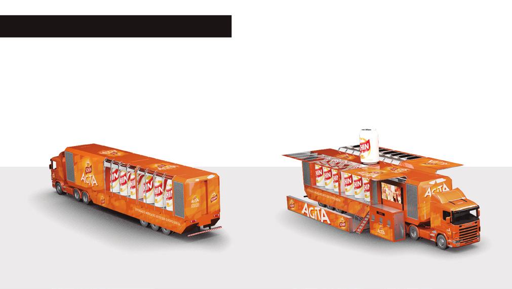 Schintruck Carreta Com dispositivos mecânicos e hidráulicos, a carreta da Schin transforma-se em um grande bar temático da marca, com estrutura de cobrança