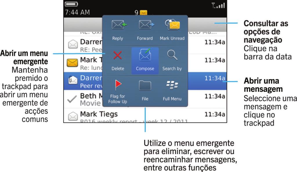 Mensagens Mensagens Como proceder: Mensagens Resumo sobre as Mensagens Enviar mensagem de correio electrónico 1. No ecrã inicial, clique no ícone Mensagens. 2.