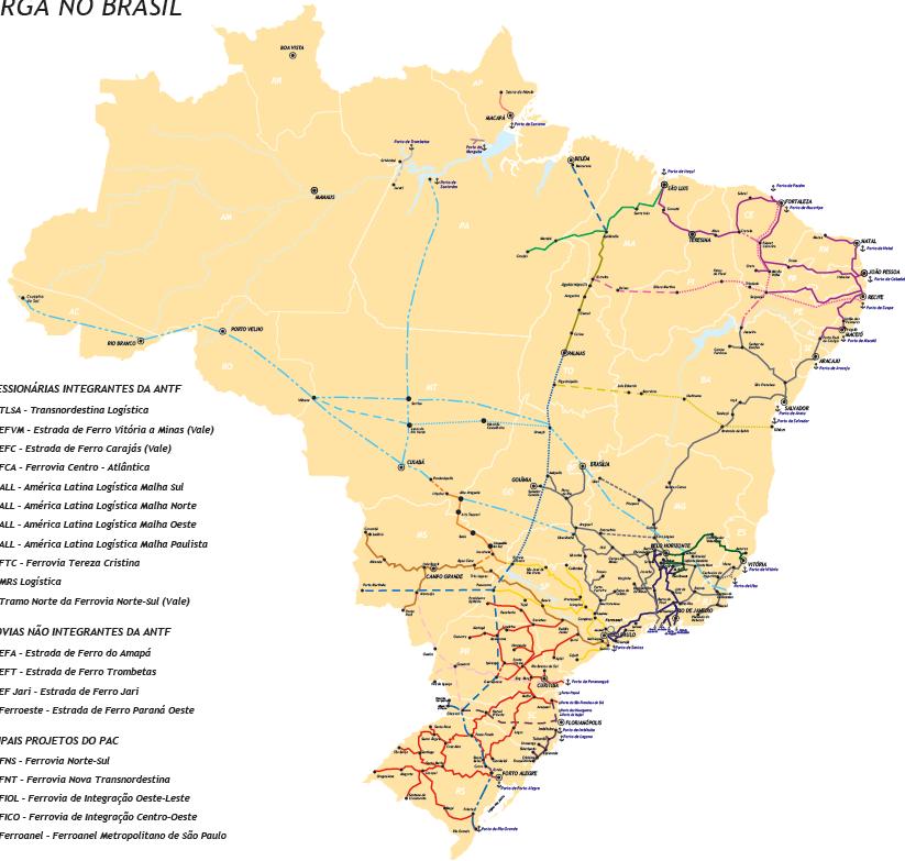 2012: 15 anos de concessões das Ferrovias no Brasil Malhas ferroviárias concedidas à iniciativa privada = 28.366 k Em operação = 22.822 km Subutilizados ou sem tráfego de cargas = 5.