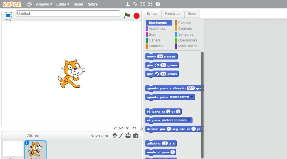 Na figura 2 segue a tela principal do Scratch traduzido para o português: Figura 2: Tela principal do Scratch Fonte: Adaptação do site do Scratch 1 Botões de iniciar e parar script.