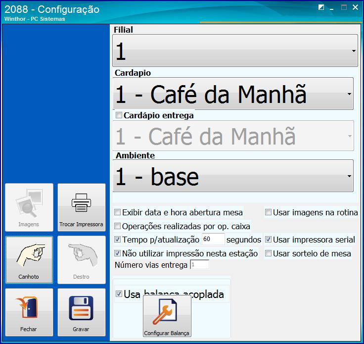 Na tela Configuração, é possível realizar as seguintes ações: 3.6 Selecionar a Filial; 3.7 Definir a utilização de cardápio dos produtos exibidas na tela, para facilitar a pesquisa.