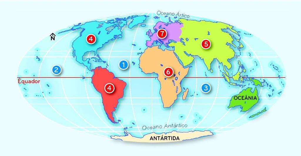2. Observa com atenção o mapa 1 e faz a legenda. B D A B C D E Mapa 1- Planisfério CONTINENTES OCEANOS A 1 B 2 C 3 D 4 Oceano Glacial Ártico E 5 Oceano Glacial Antártico 3.