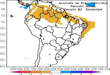 Anomalias de chuva anual [(2071-2100)- (1961-90)] em mm/dia