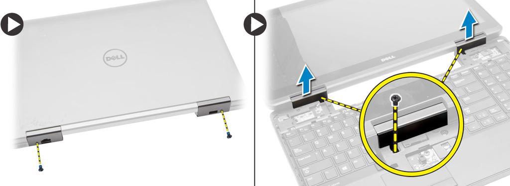 3. Execute as seguintes etapas: a. Remova os parafusos que prendem a dobradiça da tela na parte frontal e traseira do computador. b. Levante e remova a dobradiça da tela do computador.