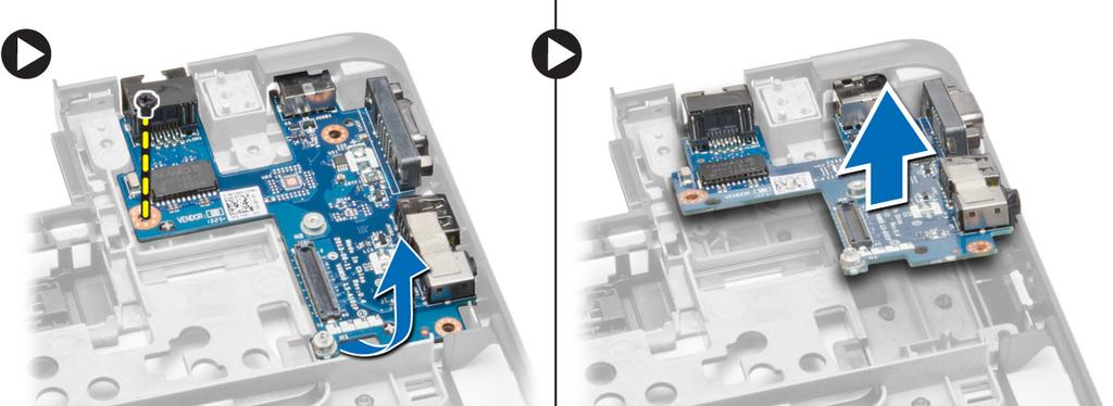 Como remover a placa de E/S (Direita) 1. Siga os procedimentos descritos em Antes de trabalhar na parte interna do computador. 2. Remova: a. cartão SD b. bateria c. tampa da base d.