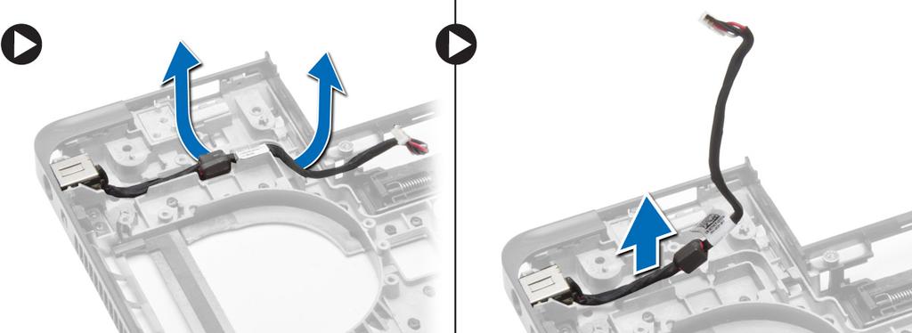 3. Execute as seguintes etapas: a. Remova o cabo do conector de alimentação dos canais de roteamento. b. Levante e remova o conector de alimentação do computador.