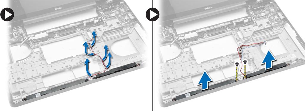 Como remover os alto-falantes 1. Siga os procedimentos descritos em Antes de trabalhar na parte interna do computador. 2. Remova: a. cartão de memória SD b. bateria c. tampa da base d.