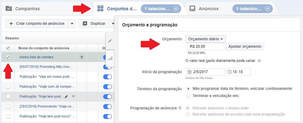 4. Clique no nome da sua campanha e entre na parte de criação do conjunto de anúncios.