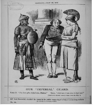 4. Analise a charge representada a seguir. NOSSA GUARDA IMPERIAL Lord B. (Benjamin Disraeli) diz: Você os tem ajudado continuamente, Madame.