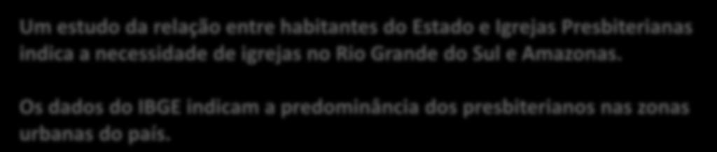 Um estudo da relação entre habitantes do Estado e Igrejas Presbiterianas indica a necessidade de igrejas no Rio Grande do Sul e Amazonas.