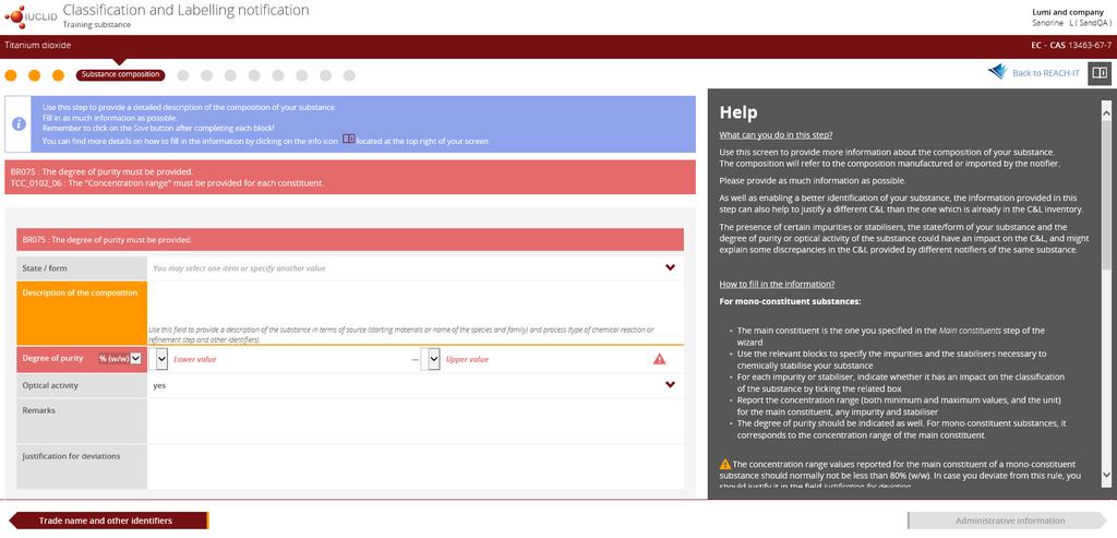 Preparar em linha no REACH-IT Um assistente passo a passo com instruções integradas ajudá-lo-á a preparar o dossiê: leia o campo de informações para compreender o que é necessário para cada passo;