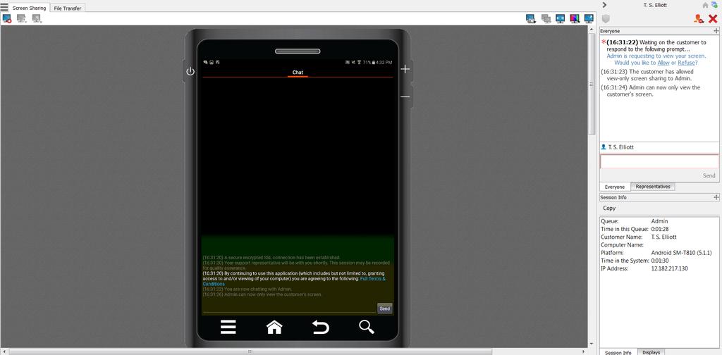 Compartilhamento de Tela com Dispositivo Android durante uma Sessão de Suporte Técnico Connect Na janela da sessão, clique no botão Compartilhamento de Tela para solicitar a visualização do