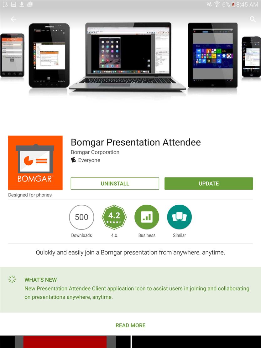Ingresse em uma Apresentação Connect a partir de um Dispositivo Android Para poder ingressar em uma apresentação, o participante deve baixar o aplicativo de Participante da Apresentação Bomgar do