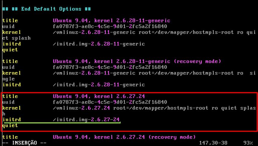 Anexo II: Instalação do MPLS for Linux Para finalizar é necessário modificar o menu de arranque editando o ficheiro /boot/grub/menu.lst. Na figura abaixo a edição do ficheiro menu.