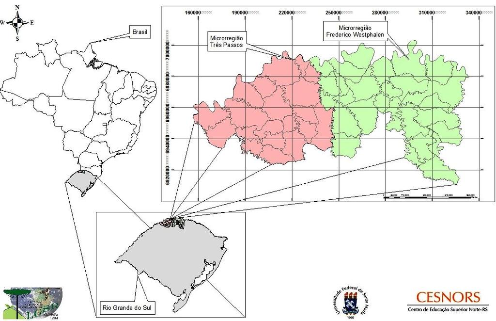 Figura 1. Localização das microrregiões de Frederico Westphalen (verde) e Três passos (vermelho) no noroeste do estado do Rio Grande do Sul (RS), Brasil. Figure 1.