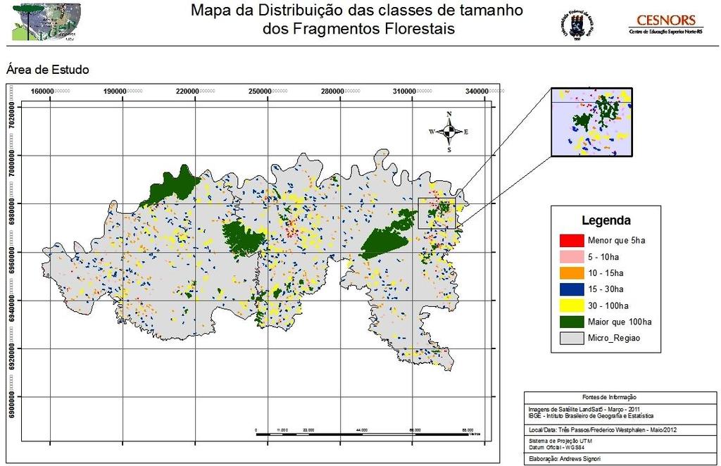 Figura 2. Mapa da distribuição dos remanescentes fragmentos florestais em função da área. Figure 2. Map of distribution of the remaining forest fragments as a function of the area.