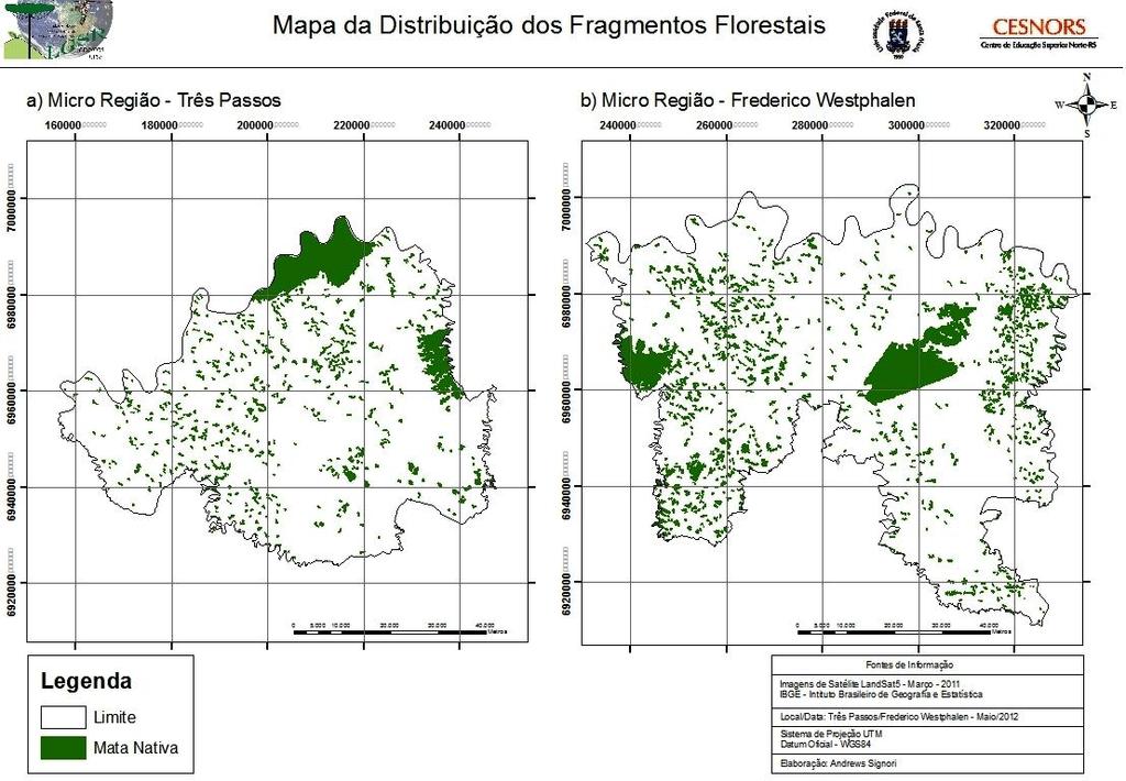Figura 3. Distribuição dos Fragmentos Florestais nas microrregiões de (a) Frederico Westphalen e (b) Três Passos, RS, Brasil. Figure 3.