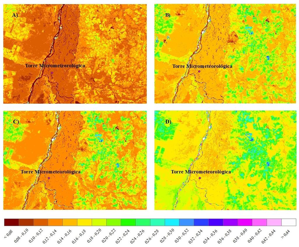 Figura 3 - Albedo da superfície obtido através de imagens do sensor TM para os seguintes dias de estudo: 03/06/2005 (A), 21/07/2005 (B), 06/08/2005 (C) e 22/08/2005 (D).