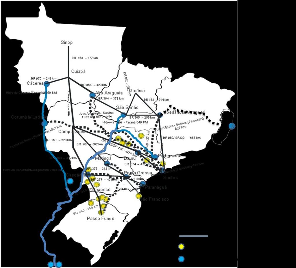 P. E. F. Teixeira, P. Campeão 78 O corredor logístico da região Centro-Oeste está caracterizado conforme a Figura 1. Figura 1 - Corredor Logístico Centro-Oeste. FONTE: CAMPEÃO et al, (2009).