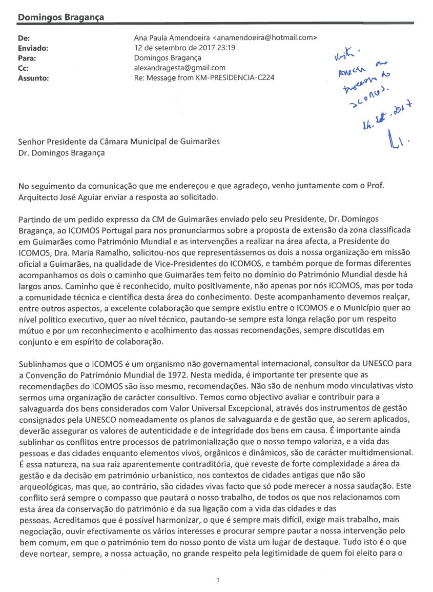 Resposta dos Vice-Presidentes do ICOMOS, José Aguiar e Ana Paula Amendoeira, aos