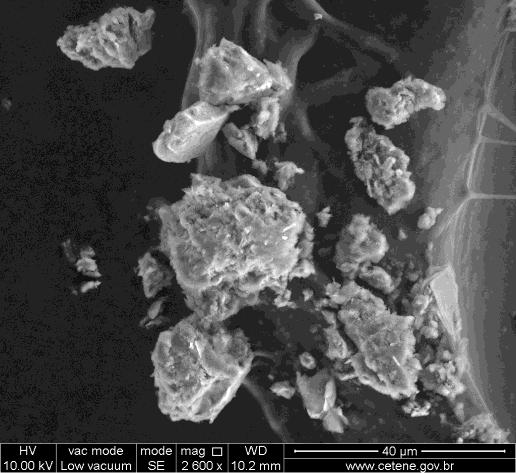 FIGURA 5 Micrografia da argila natural ampliada 800X. FIGURA 6 Micrografia da argila organofílica AO1 ampliada 2600X.