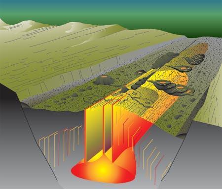 Essas observações levaram Harry Hess (Universidade de Princeton) em 1960 a propor que a crosta se separa ao longo de riftes nas dorsais mesoceânicas; O novo fundo oceânico