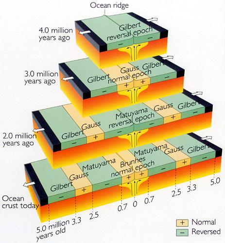 As anomalias positivas (+) indicam que o campo magnético da Terra é normal (coincide com o atual), sendo mais forte quando o