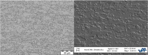 Figura 4. Micrografia amostra galvanizada DL: a) microscopia ótica,1000x e b) MEV, 5000X. Nital 3%. Foi realizada a quantificação de fase após o ataque de de Picral (Tabela 7). Tabela 7.