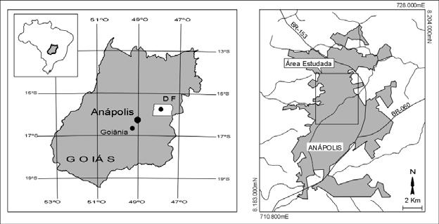 Publicado no periódico: Plurais v.1, n. 2, janeiro/junho 2005 3 Figura 1: Localização de Anápolis (à esquerda) e da área estudada (à direita).