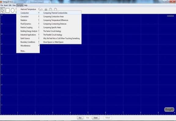 Figura 8 Abertura do programa Energy2D e as opções dos conteúdos Fonte: Energy2D, 2015. Nesta proposta de intervenção pedagógica utilizou-se a última opção da Conduction Wood Spoon vs Metal Spoon.