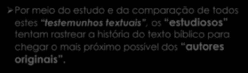 ØPor meio do estudo e da comparação de todos estes testemunhos textuais, os estudiosos tentam