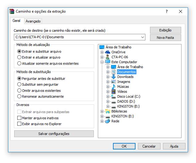 No WinRar, a opção para extrair os arquivos encontra-se no menu superior, na guia Extrair Para.