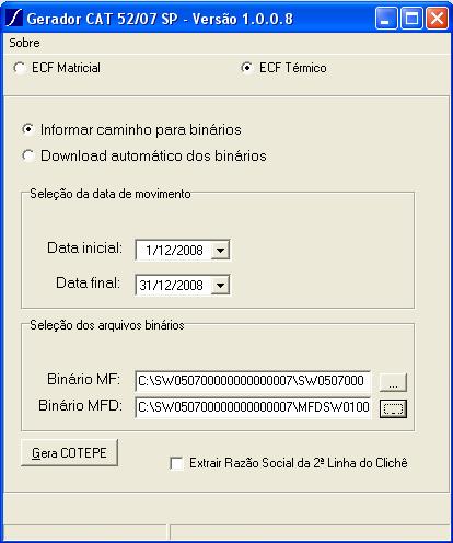 1.2 Geração através dos binários A opção Geração através dos binários é indicada quando os arquivos binários já foram capturados, não há necessidade de conectar o ECF ao computador, deverá seguir os