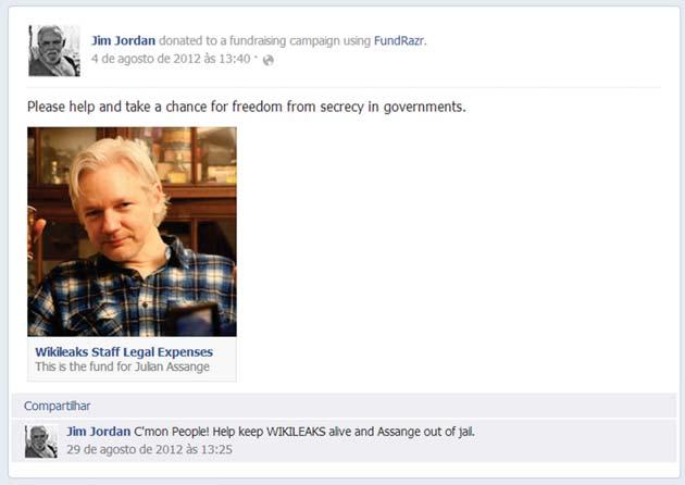 Figura 1 Reprodução de postagem em perfil no Facebook de um colaborador da WikiLeaks (Disponível em: <https://www.facebook.com/jim.jordan.