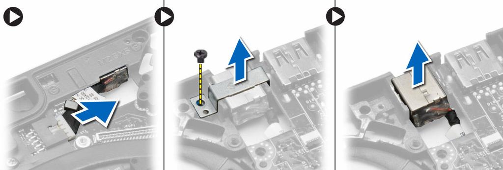 j. tampa da base k. bateria l. cartão SD 5. Siga os procedimentos descritos em Após trabalhar na parte interna do computador. Como remover o conector de alimentação 1.