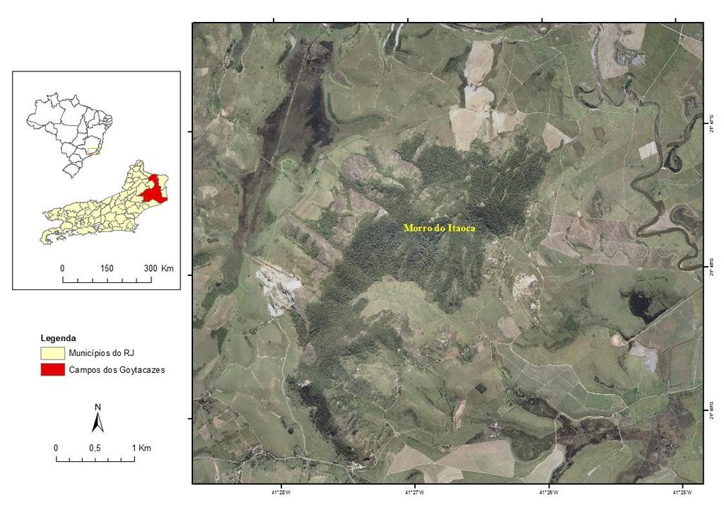 grande planície aluvial e por uma zona litorânea com formação de restingas (CARVALHO & TOTTI, 2006). O Maciço do Itaoca encontra-se em meio à planície aluvial Goytacá, entre as lagoas De Cima e Feia.