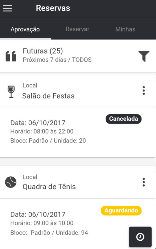 RESERVAS FILTROS Selecionar: Aprovação (mostra a