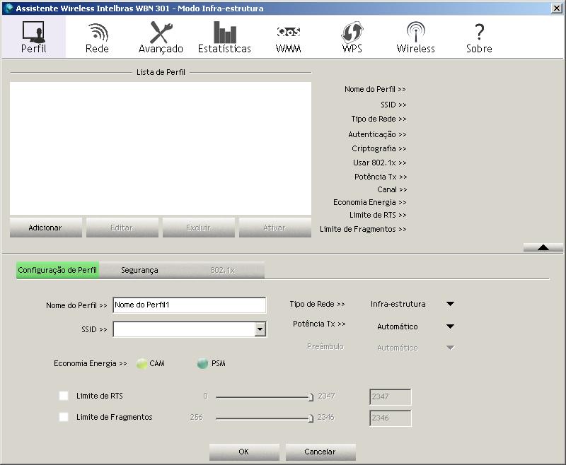 Nome do Perfil: exibe o nome amigável para o perfil. SSID: exibe o SSID da rede wireless associado ao perfil. Tipo de Rede: exibe o modelo de rede a ser criado entre Infraestrutura e Ad-Hoc.