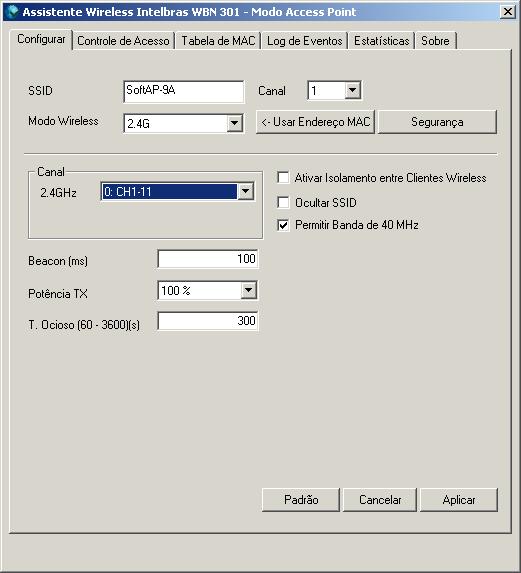 Configurar Na guia Configurar, pode-se configurar as funções básicas de um access point. SSID: insira um valor com até 32 caracteres.